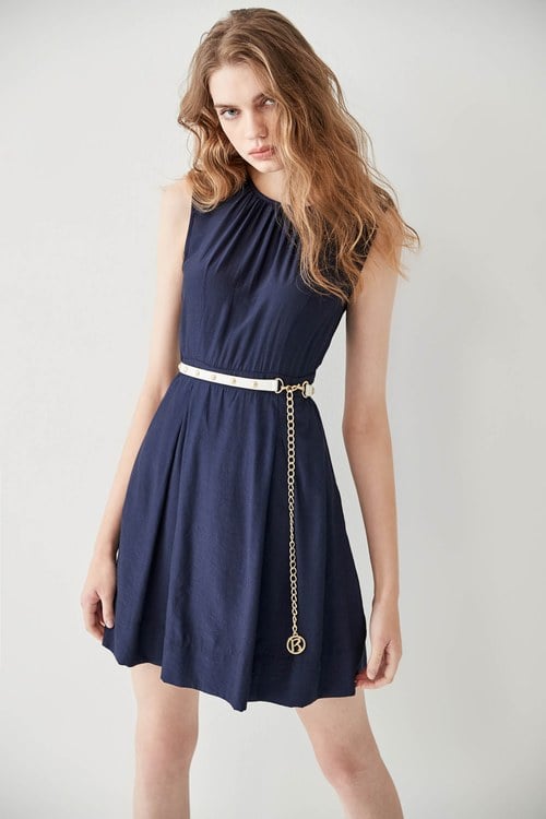 Navy Sleeveless Pleated Dress,mothergift