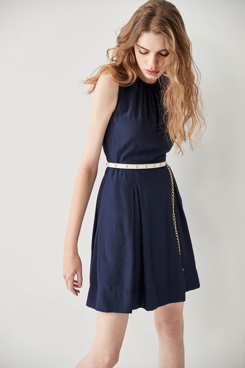 Navy Sleeveless Pleated Dress,mothergift