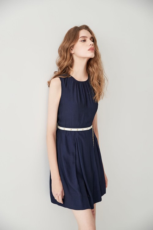 Navy Sleeveless Pleated Dress,mothergift