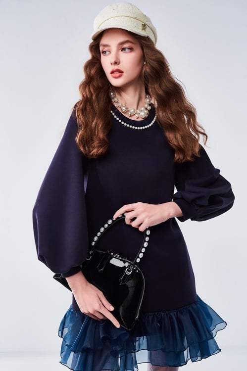 Ruffle Hem Long Sleeve Dress,,Ruffle Hem Long Sleeve Dress,Dresses,Season (AW) Look,Dresses,Season (SS) Look,Dresses,Knitted dresses,Stripe,Season (AW) Look,Knitted,Knitted dresses,Black dresses,Dresses,pearl,Season (AW) Look