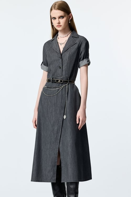 Short Sleeve Grey Denim Maxi Dress,Denim,Denim