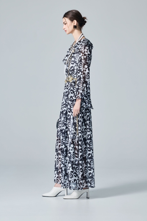 Rose Print Ruffle Collar Maxi Dress,,Rose Print Ruffle Collar Maxi Dress,sleeveless tops,White tops,Season (AW) Look,sleeveless tops,Chiffon,Dresses,Under shirts,Season (AW) Look,Chiffon