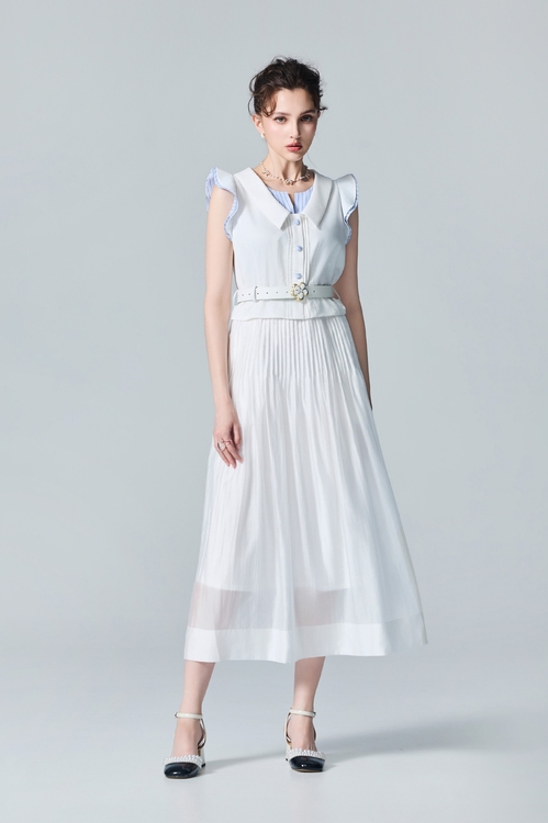 Cream White Faux-Layered Dress,Stripe