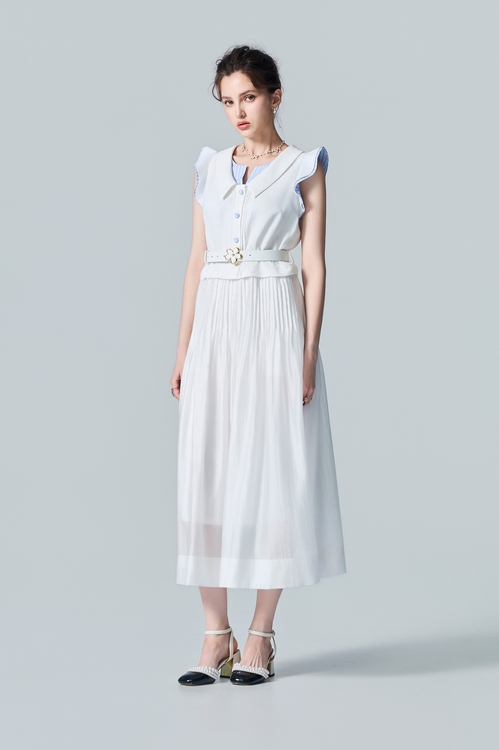 Cream White Faux-Layered Dress,Stripe