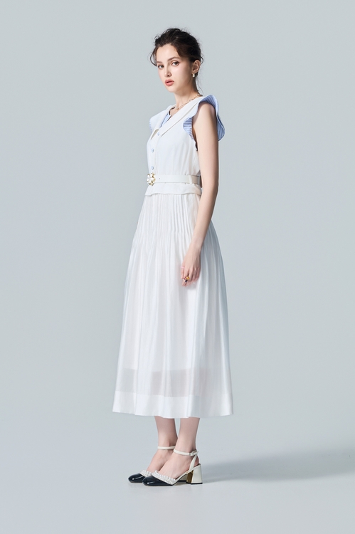 Cream White Faux-Layered Dress,Stripe