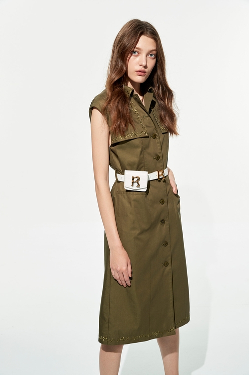 Button Front Shirt Dress With Embroidery Detail,Trench coats
