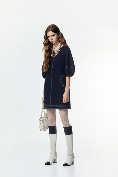 Contrast Stitching Detail Navy Dress,,Contrast Stitching Detail Navy Dress,Dresses,Season (AW) Look