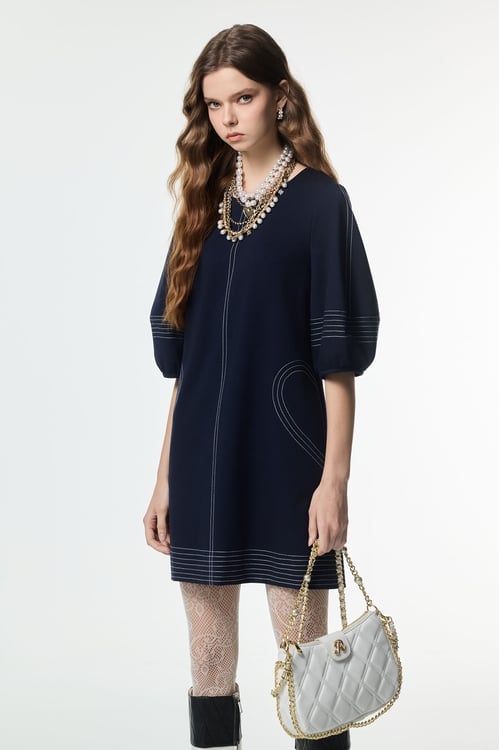 Contrast Stitching Detail Navy Dress,,Contrast Stitching Detail Navy Dress,Dresses,Season (AW) Look