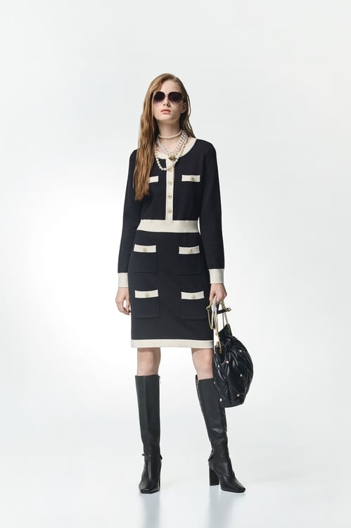 Long Sleeve Contrast Trim Knit Dress,bestselling