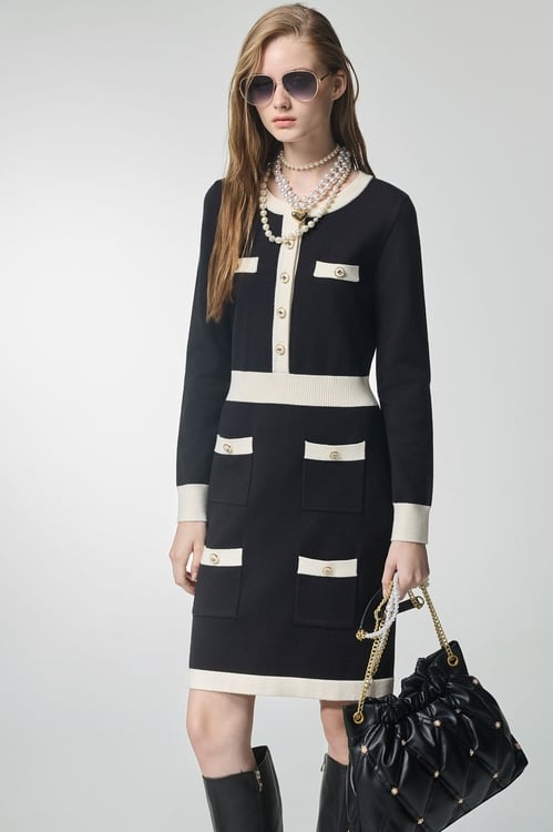 Long Sleeve Contrast Trim Knit Dress,bestselling