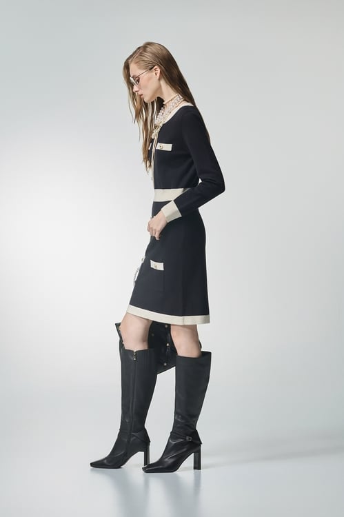 Long Sleeve Contrast Trim Knit Dress,bestselling