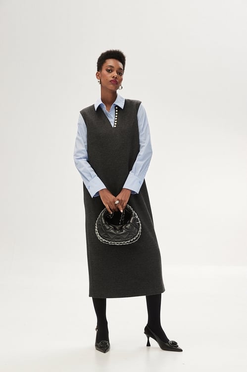 V-neck Pearl Detail Grey Dress,V-neck dresses