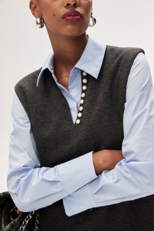 V-neck Pearl Detail Grey Dress,V-neck dresses