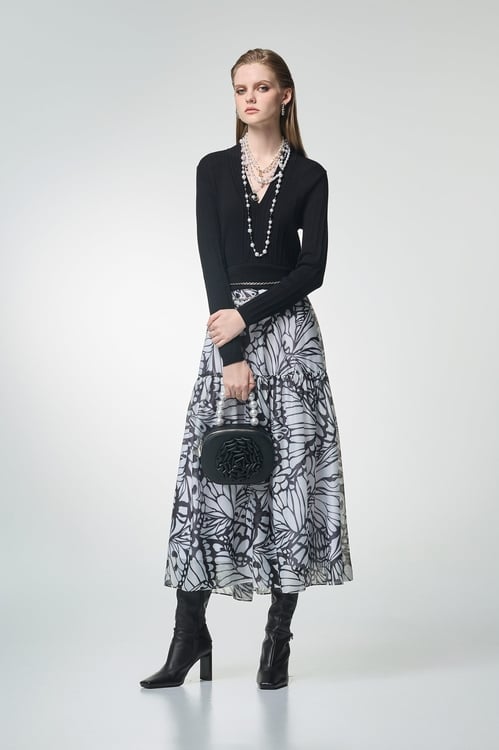 Butterfly Motif Knit Contrast Dress,Office Looks
