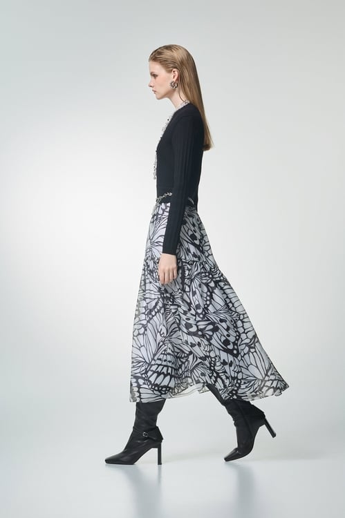 Butterfly Motif Knit Contrast Dress,Office Looks