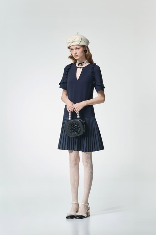 Navy Short Sleeve Ruffle Trim Detail Dress,,Navy Short Sleeve Ruffle Trim Detail Dress,Dresses,Season (AW) Look