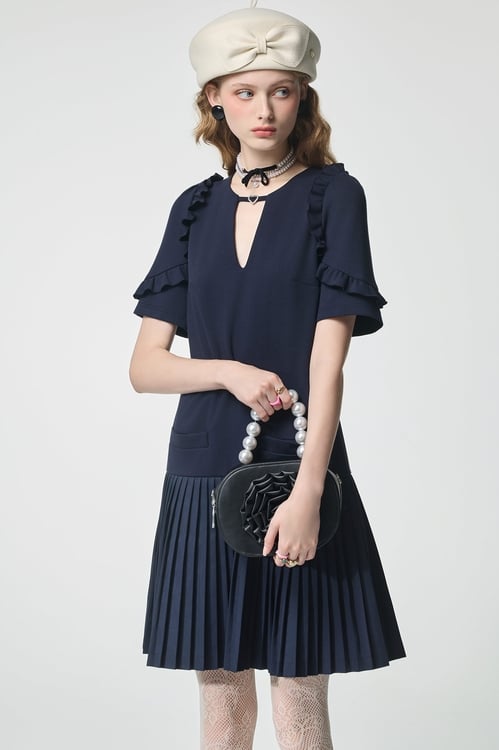 Navy Short Sleeve Ruffle Trim Detail Dress,,Navy Short Sleeve Ruffle Trim Detail Dress,Dresses,Season (AW) Look