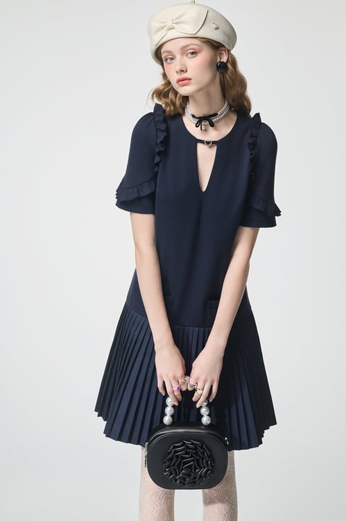 Navy Short Sleeve Ruffle Trim Detail Dress,,Navy Short Sleeve Ruffle Trim Detail Dress,Dresses,Season (AW) Look