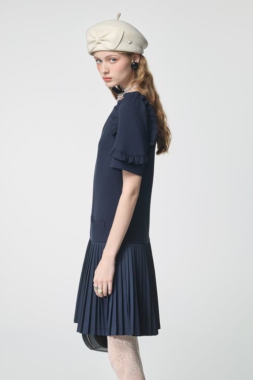 Navy Short Sleeve Ruffle Trim Detail Dress,,Navy Short Sleeve Ruffle Trim Detail Dress,Dresses,Season (AW) Look
