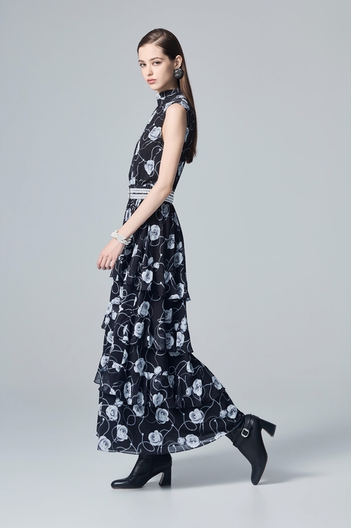 Rose Print Maxi Sleeveless Dress,Chiffon