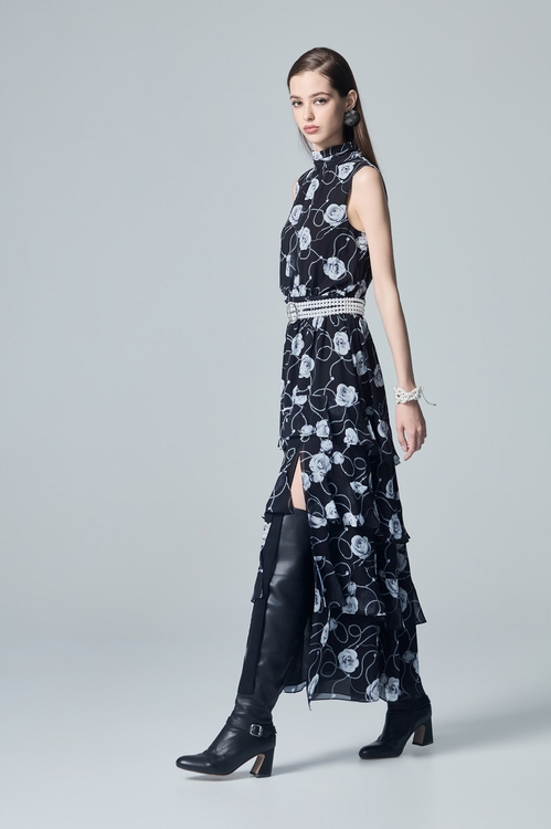 Rose Print Maxi Sleeveless Dress,Chiffon