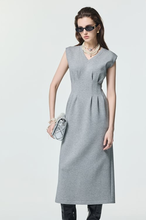 V-neck Grey Sleeveless Maxi Dress,dresses,Dresses