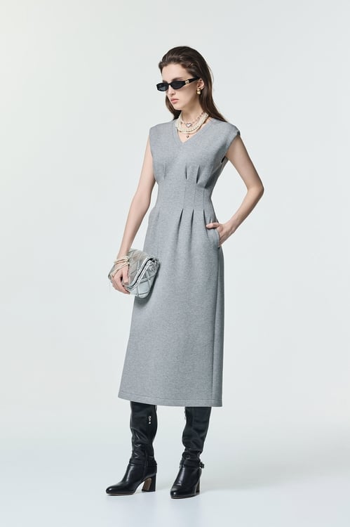 V-neck Grey Sleeveless Maxi Dress,dresses,Dresses