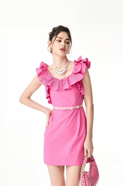 Pleated Ruffle Pink Dress,cocktaildresses