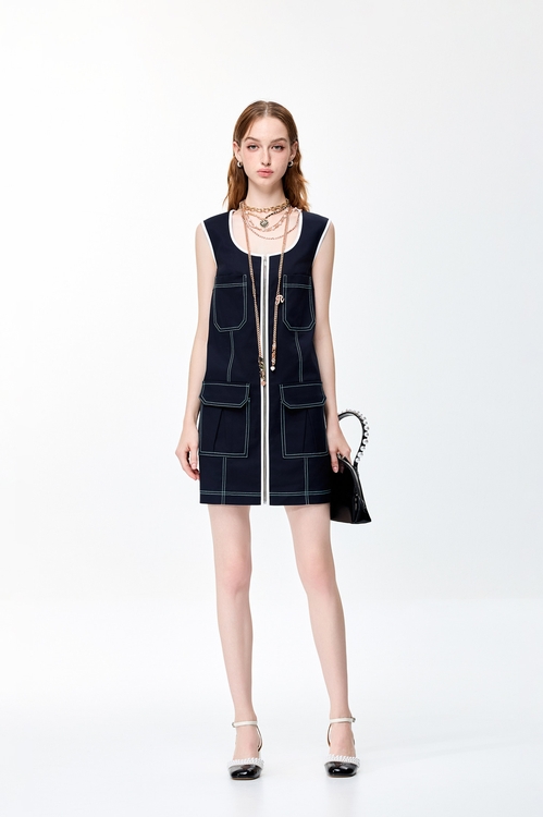 Contrast Detail Sleeveless Dress,U-neck dresses