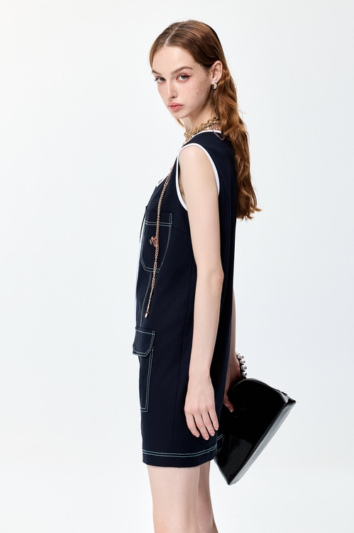 Contrast Detail Sleeveless Dress,U-neck dresses