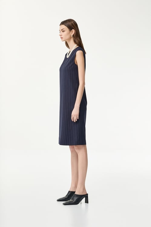 Pinstripe Navy Sleeveless Dress,Sleeveless dresses