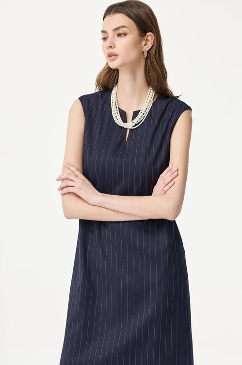 Pinstripe Navy Sleeveless Dress,Sleeveless dresses