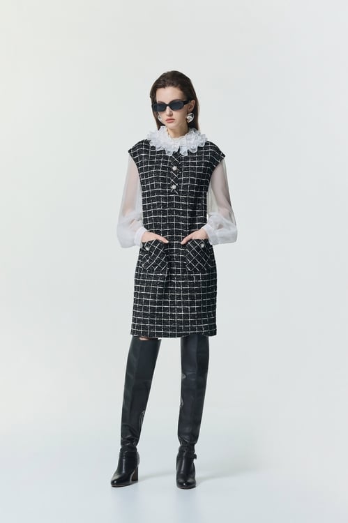 Classic Checkered Fake Two Piece Dress,,Classic Checkered Fake Two Piece Dress,Jackets,Outerwear,Season (SS) Look,White outerwear,bows,sleeveless tops,Season (SS) Look,sleeveless tops,Knitted,Knitted tops,Black tops,Dresses,Season (SS) Look,pearl,Knitted