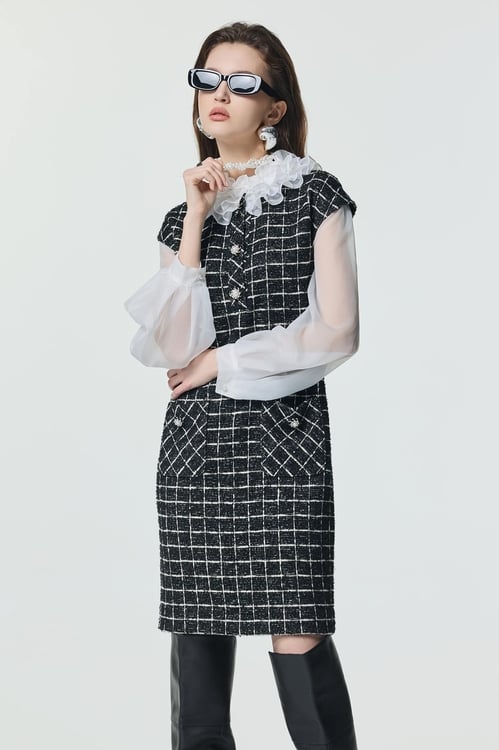 Classic Checkered Fake Two Piece Dress,,Classic Checkered Fake Two Piece Dress,Jackets,Outerwear,Season (SS) Look,White outerwear,bows,sleeveless tops,Season (SS) Look,sleeveless tops,Knitted,Knitted tops,Black tops,Dresses,Season (SS) Look,pearl,Knitted