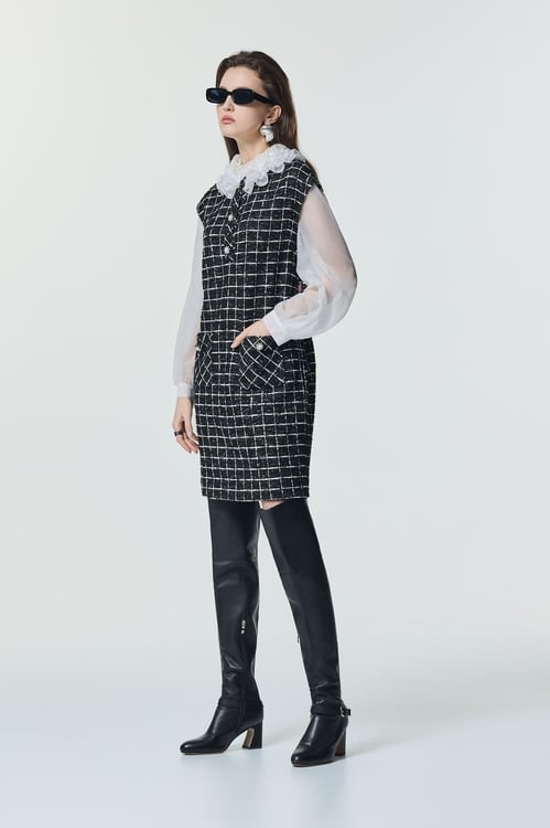 Classic Checkered Fake Two Piece Dress,,Classic Checkered Fake Two Piece Dress,Jackets,Outerwear,Season (SS) Look,White outerwear,bows,sleeveless tops,Season (SS) Look,sleeveless tops,Knitted,Knitted tops,Black tops,Dresses,Season (SS) Look,pearl,Knitted