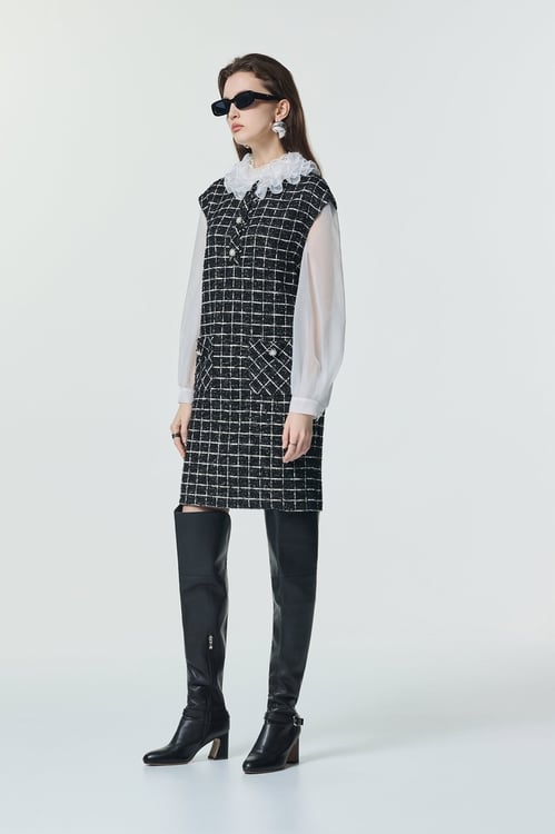 Classic Checkered Fake Two Piece Dress,,Classic Checkered Fake Two Piece Dress,Jackets,Outerwear,Season (SS) Look,White outerwear,bows,sleeveless tops,Season (SS) Look,sleeveless tops,Knitted,Knitted tops,Black tops,Dresses,Season (SS) Look,pearl,Knitted