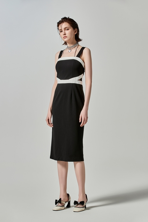 Midi Black Dress With Contrast White Trim,Season (SS) Look