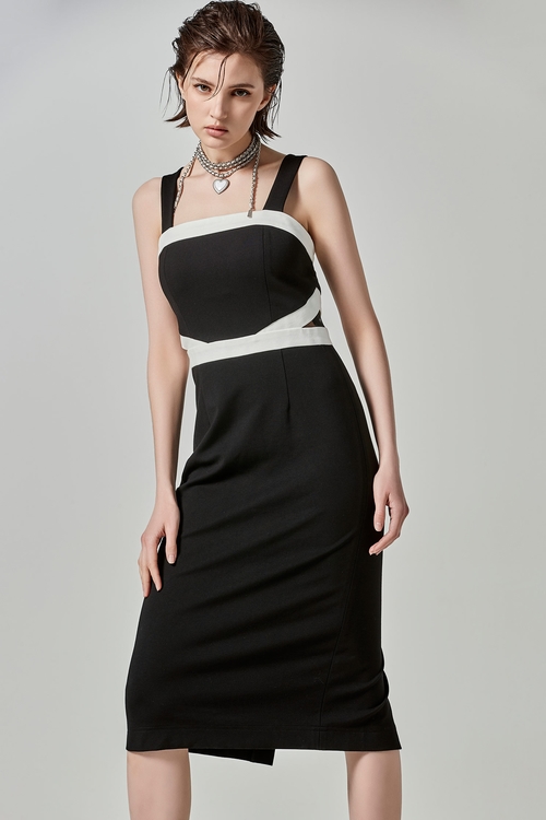 Midi Black Dress With Contrast White Trim,Season (SS) Look