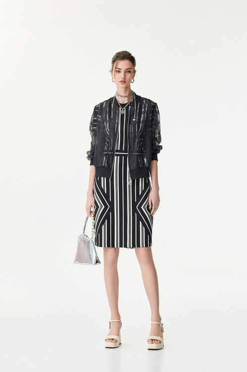 Black White Stripe Contrast Short Sleeve Dress,Stripe
