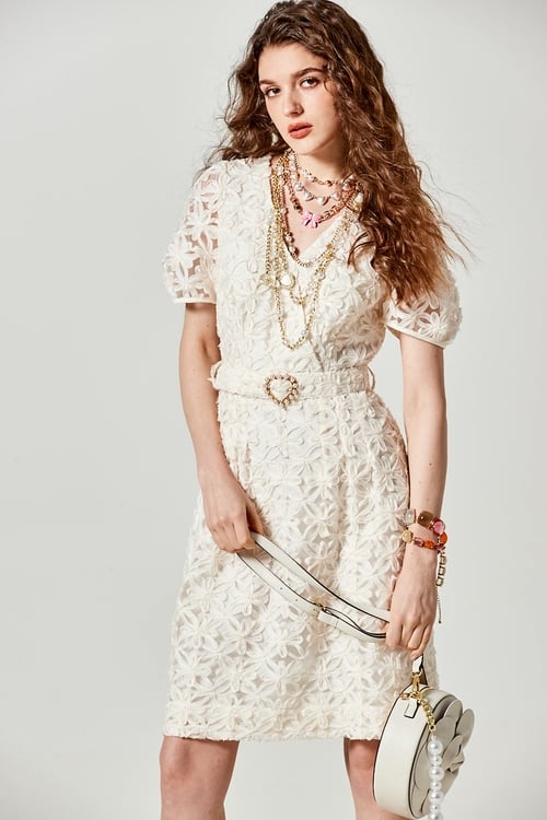 3-D Floral Mesh Midi Dress,Embroidered,Embroidered