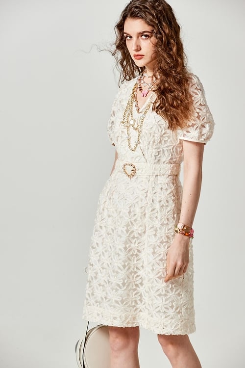 3-D Floral Mesh Midi Dress,Embroidered,Embroidered