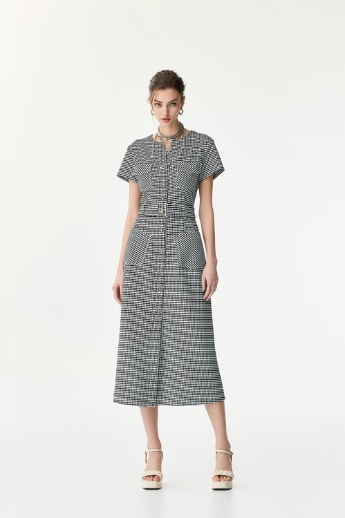 Short Sleeve Plaid Button Front Dress,Belts,Belts