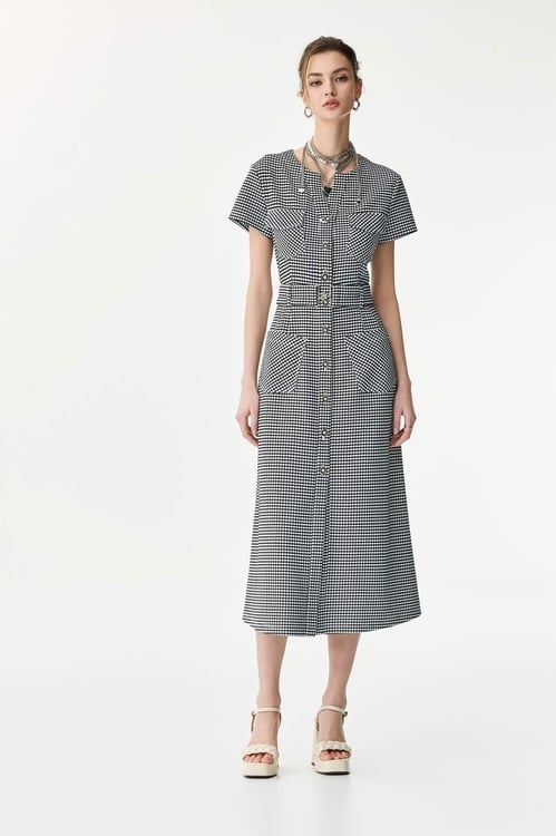 Short Sleeve Plaid Button Front Dress,Belts,Belts