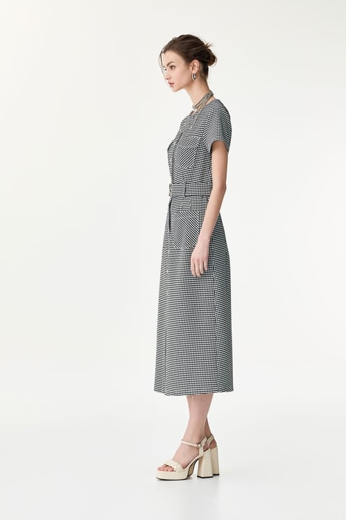 Short Sleeve Plaid Button Front Dress,Belts,Belts