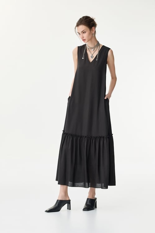 Sleeveless Linen Maxi Dress,Black dresses