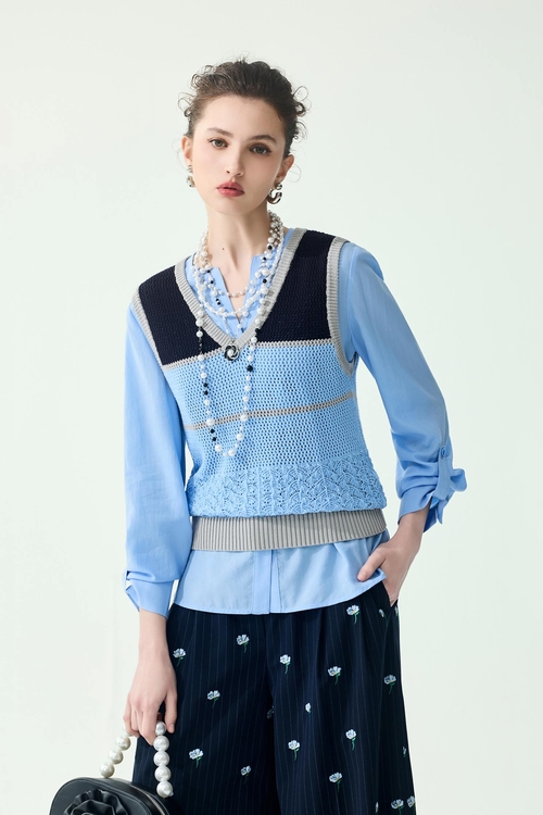 V-neck Colour Block Knit Vest,sleeveless tops,sleeveless tops,Sleeveless tops,sleeveless tops