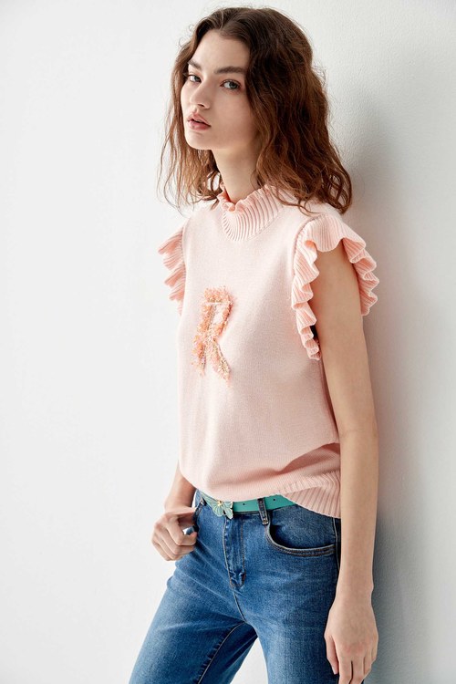 Pink Turtle Neck Knit Vest With R Logo,Pink