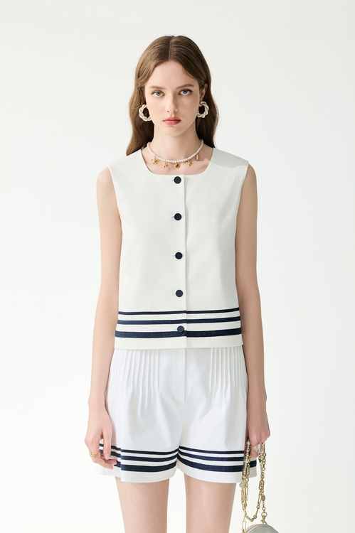 Button Front Navy Stripe Vest,White tops,White tops