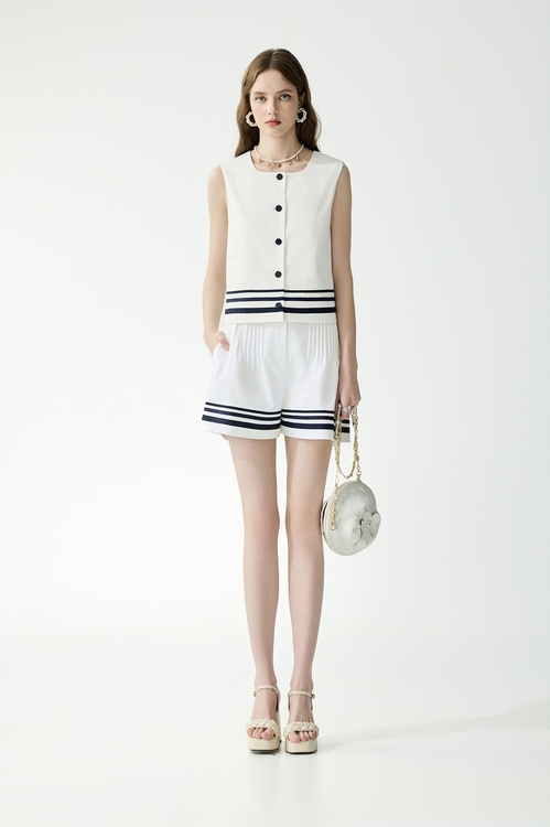 Button Front Navy Stripe Vest,White tops,White tops