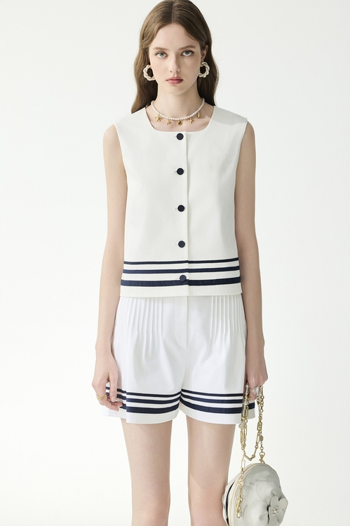 Button Front Navy Stripe Vest,White tops,White tops